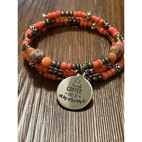 Handmade Coral and gray beaded charm bracelet with Drink Coffee and be awesome - Picture 4 of 4